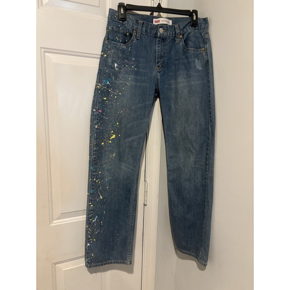 Levis 505 Jeans 30x30 Blue Distress ‎ Paint Splatter Denim Women Straight VTG